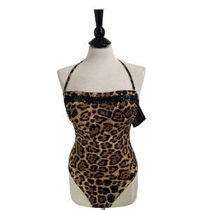 NWT Newport News Swim Halter Sequin‎ Animal Print One Piece Swimsuit Size 8